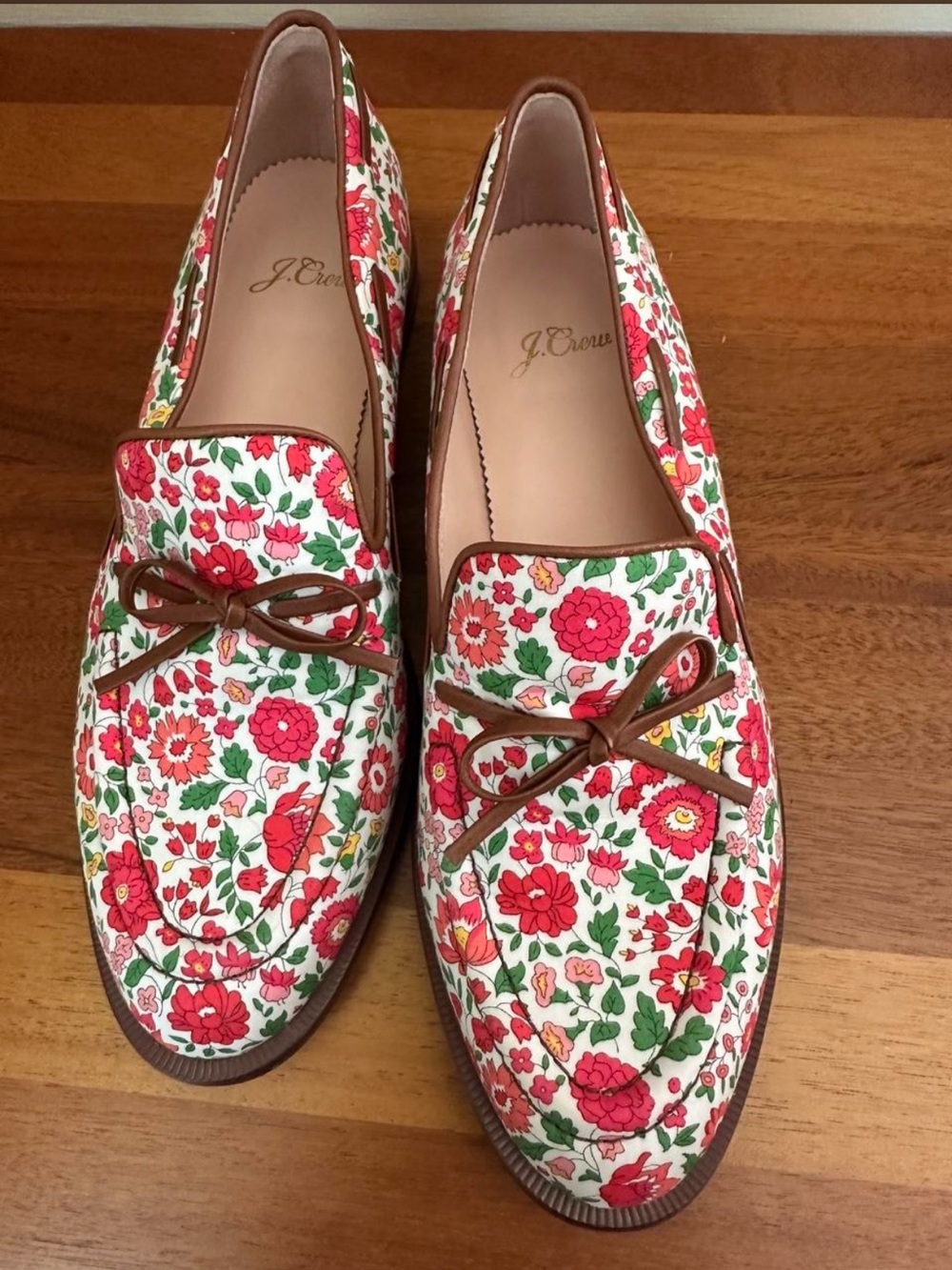 J. Crew Floral Leather Bow Loafers — Red, Green & White